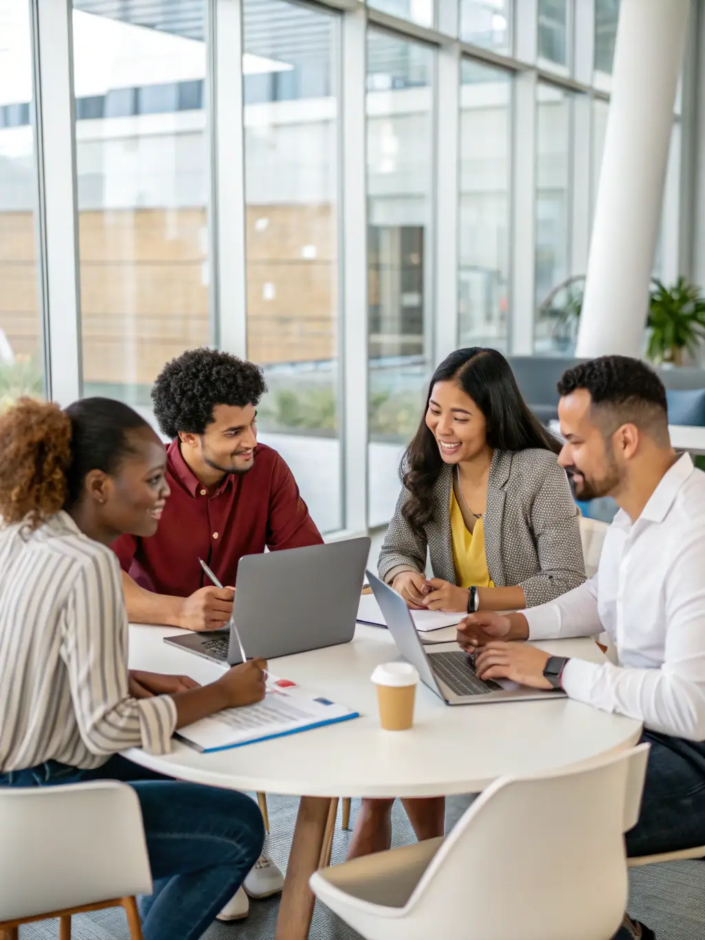 An image showing a diverse team collaborating around a conference table with charts and laptops, symbolizing teamwork and strategic planning.