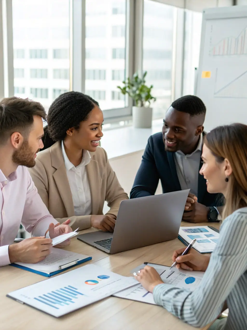 An image showing a diverse team collaborating around a conference table with charts and laptops, symbolizing teamwork and strategic planning.