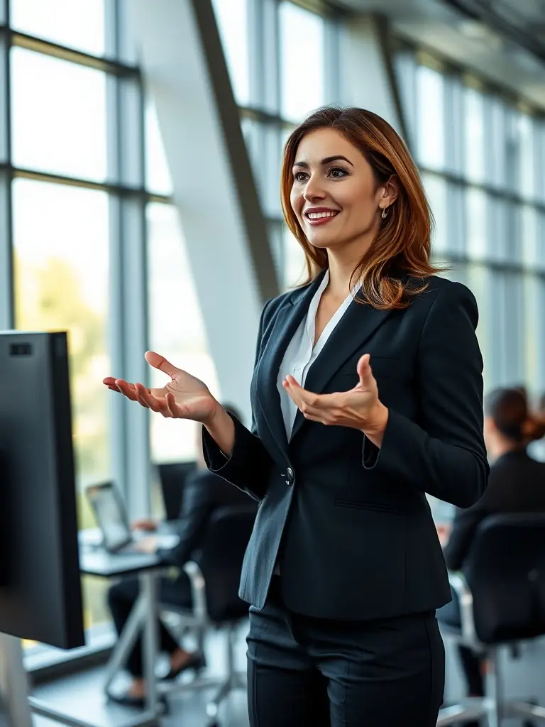 A photo of a team leader presenting a sales strategy to a group of motivated sales representatives in a modern office setting.